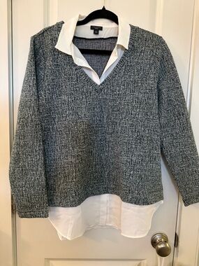 Ann Taylor Factory Grey Knit Sweater with White Shirt Trim